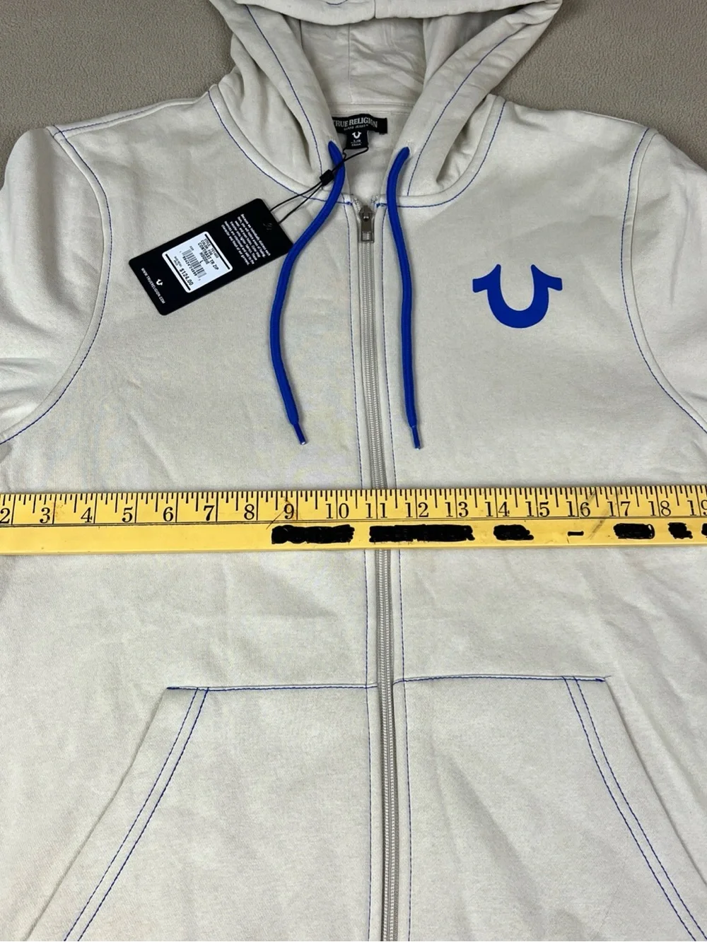 True Religion Contrast TR Full Zip Hoodie, Buddha Logo. Fog Beige. Sz Large